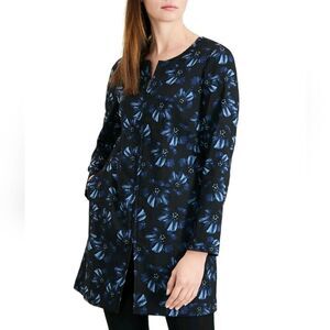 Alfani Black Navy Floral Longline Collarless Zip‎ Front Jacket Large Work Career